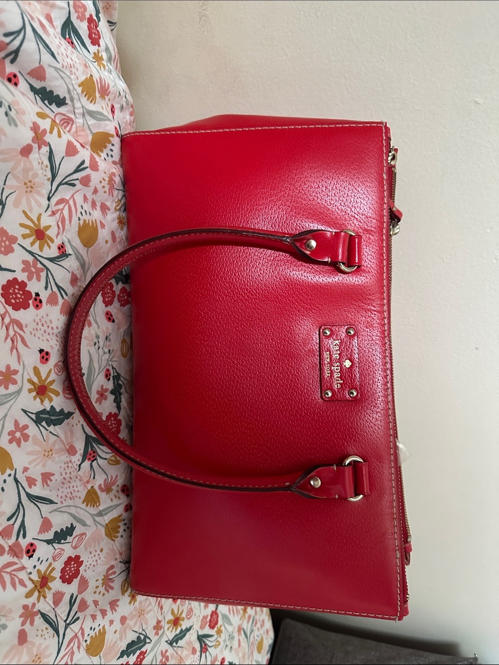 kate spade red leather tote with gold accents